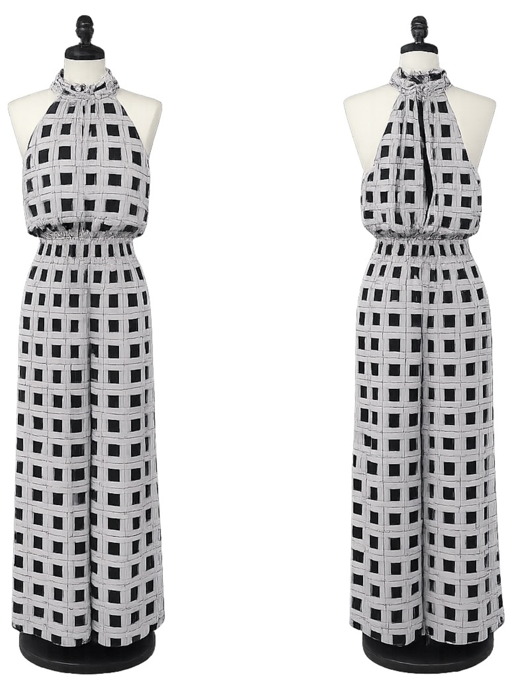 Black and White Halter-Neck Windowpane Wide-Leg Jumpsuit